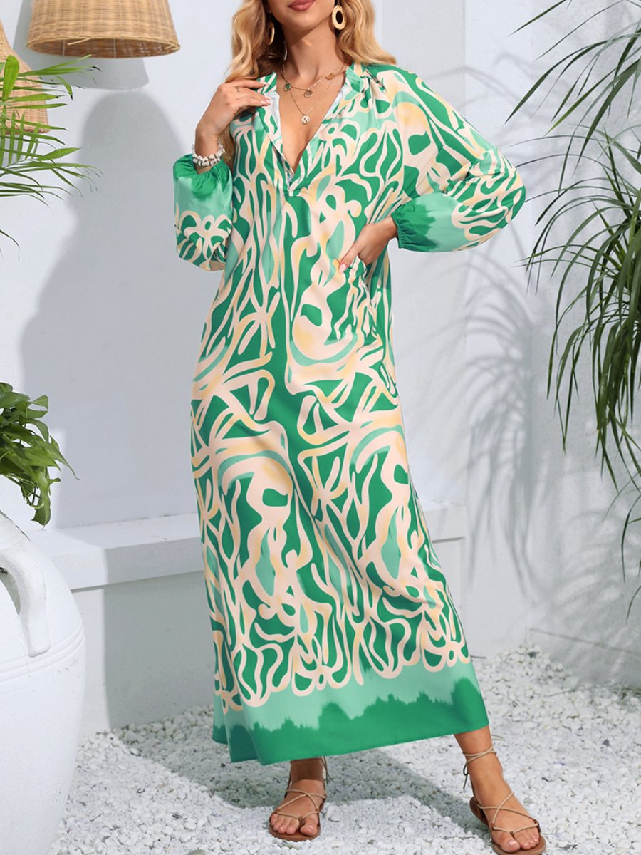 Spring and Autumn pullover V-neck sexy printed long-sleeved dress with large hem
