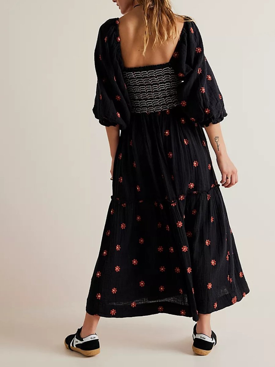 Printed Square Neck Sunflower Dress