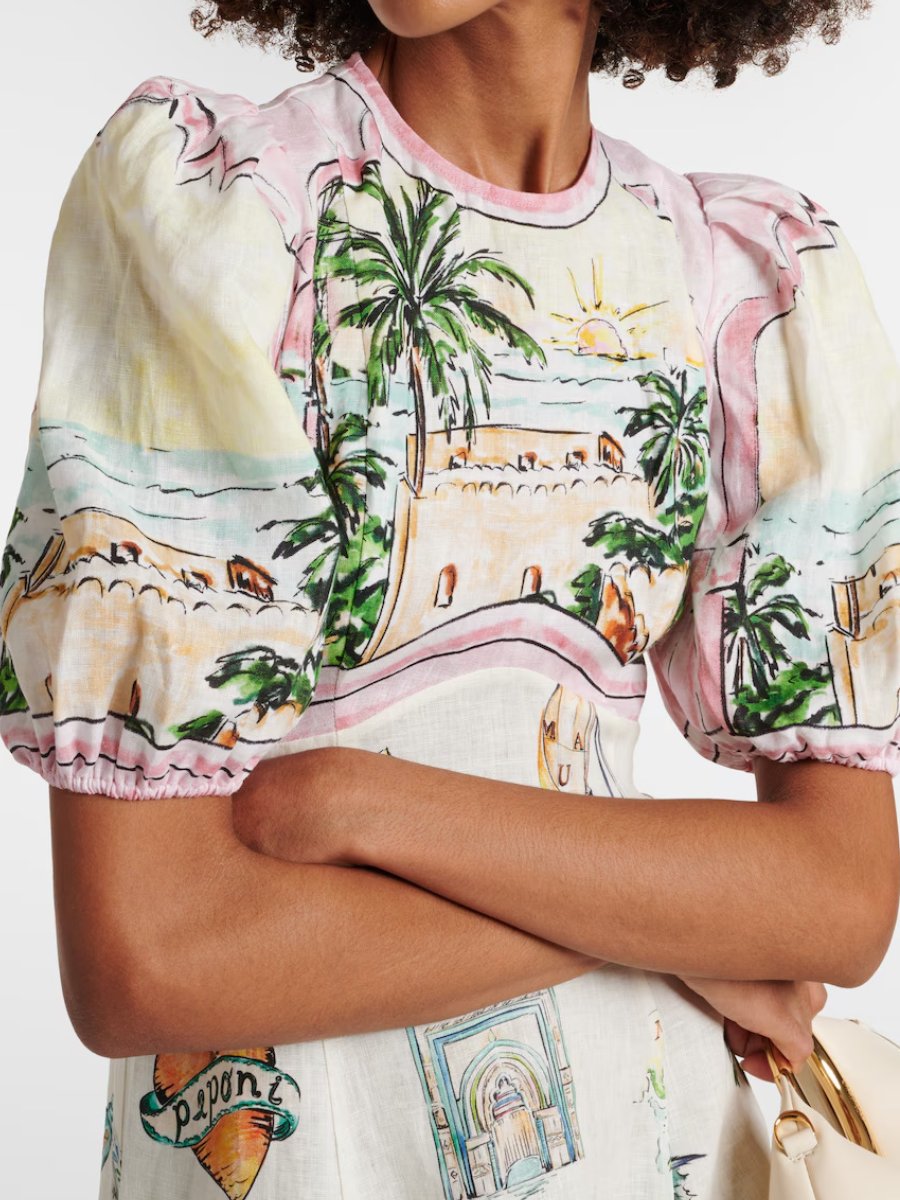Printed Puff Sleeve Slim Dress