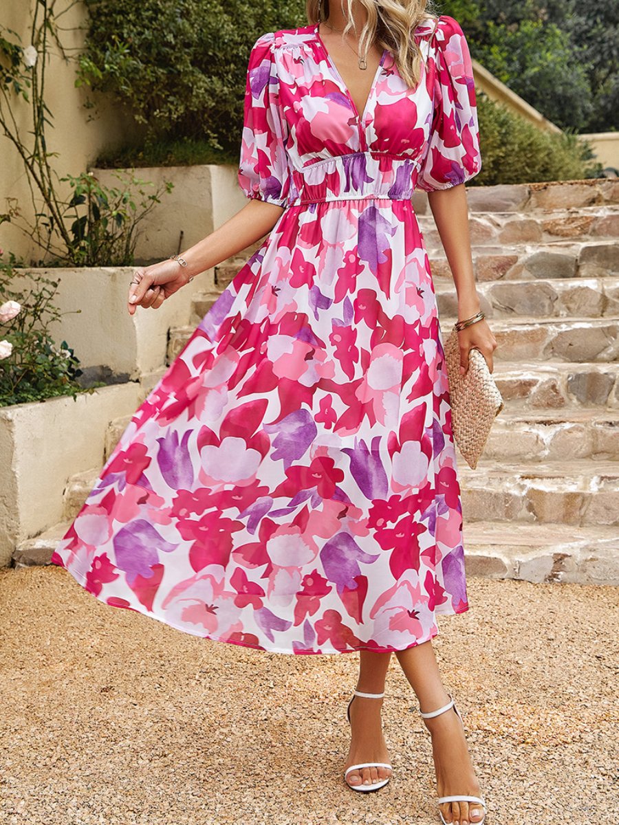 2024 Temperament Waisted V-neck Printed Dress
