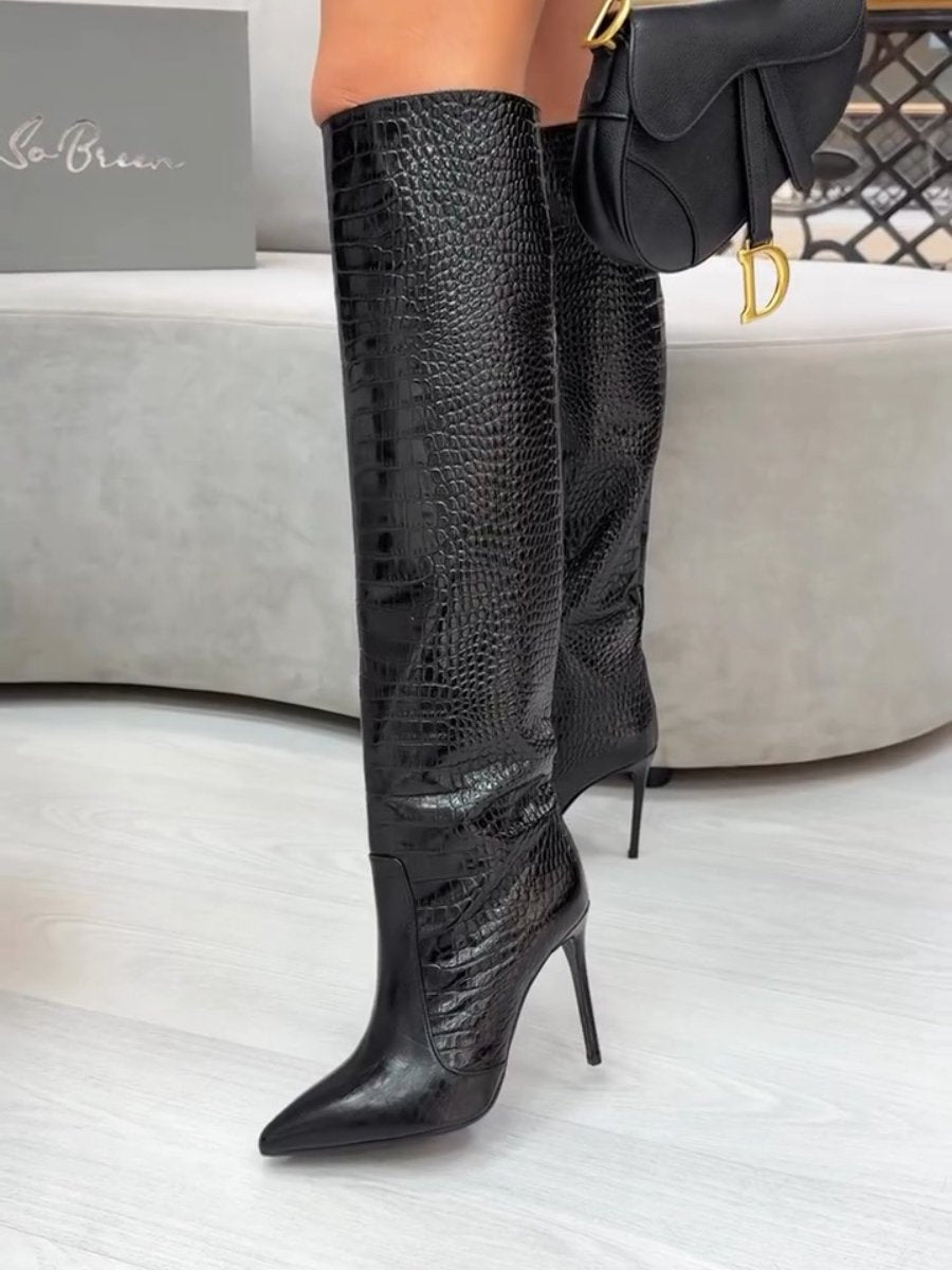 Crocodile Pattern High Pointed Toe Thick Heel Boots