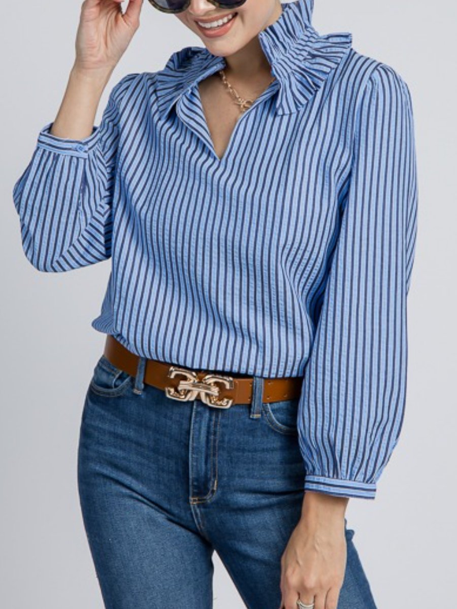 Blue Ruffle Collar Stripe Top