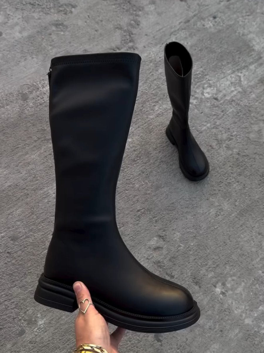 Black Round Toe Low Heel Boots