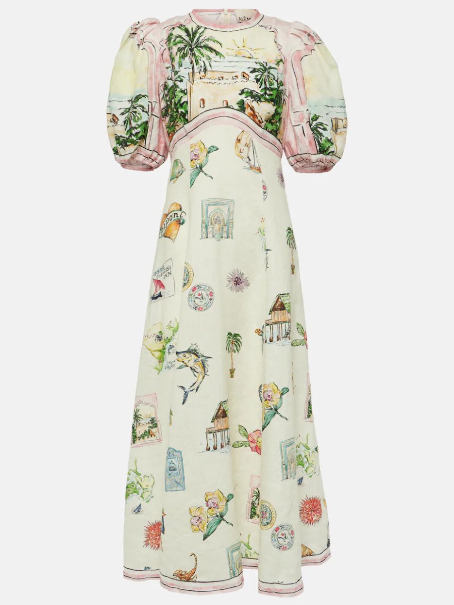Printed Puff Sleeve Slim Dress