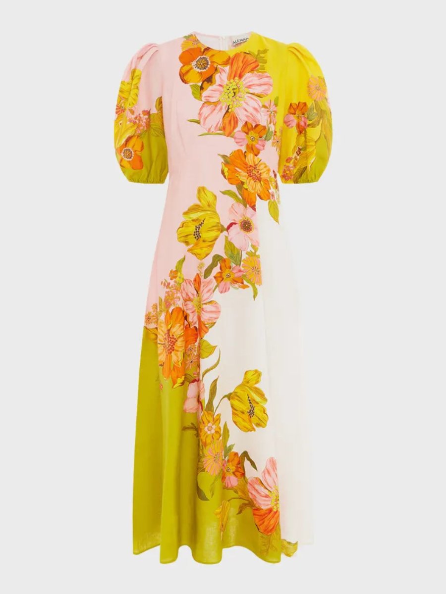 Printed Puff Sleeve Slim Dress
