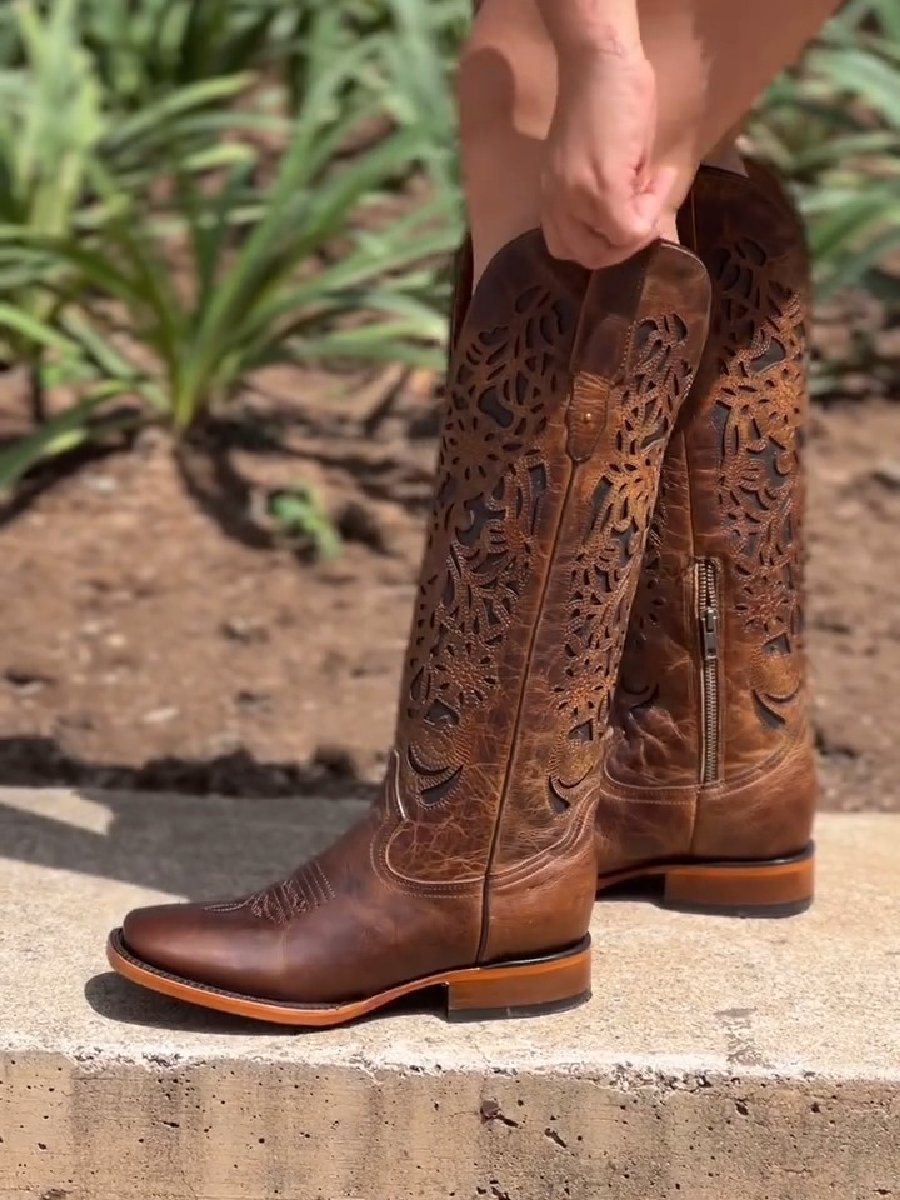 Vintage Brown Embroidered Block Heel High Boots