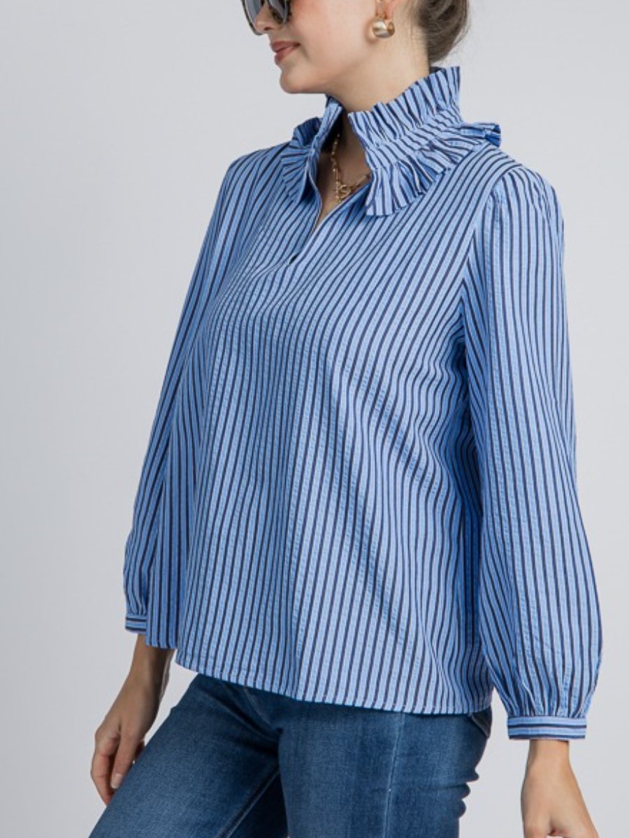 Blue Ruffle Collar Stripe Top
