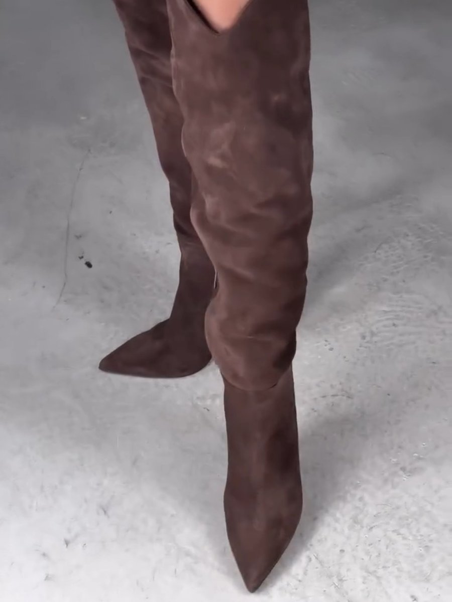 Pointed Toe Western High Suede Pleated Boots