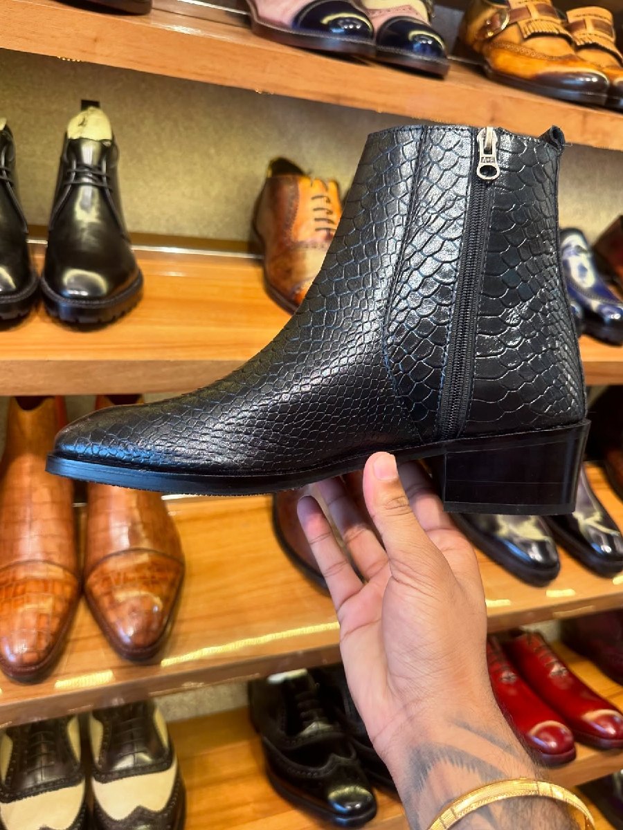A Cuban Heel Chelsea Boot In Black Snake Pattern Shoes