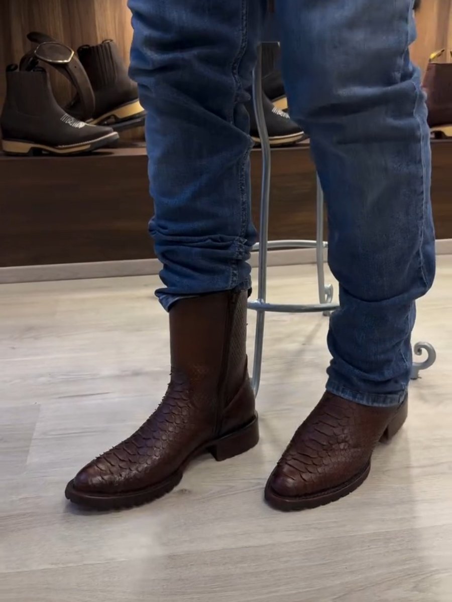 Chelsea Boots Men's Pointed Toe Genuine Leather Snake Print Boots