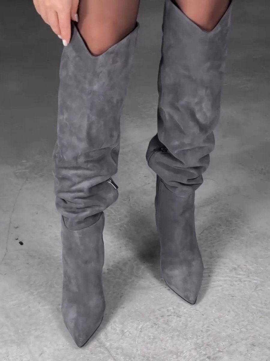 Pointed Toe Western High Suede Pleated Boots