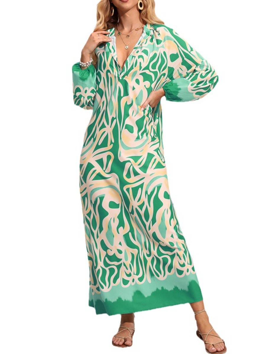 Spring and Autumn pullover V-neck sexy printed long-sleeved dress with large hem