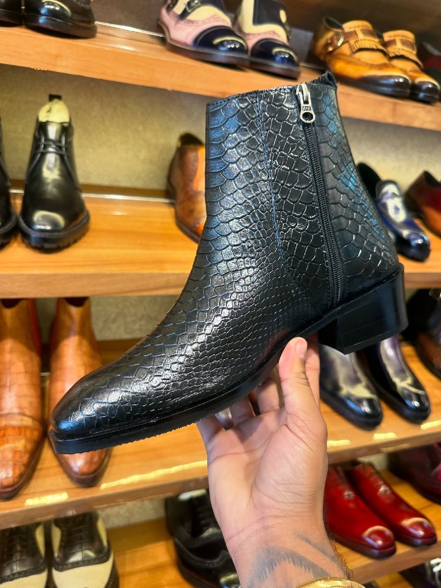 A Cuban Heel Chelsea Boot In Black Snake Pattern Shoes