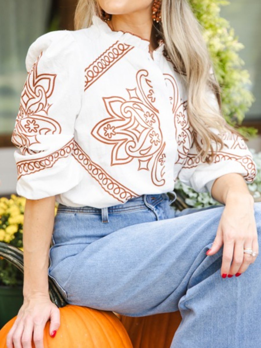 Embroidered Button-down Top