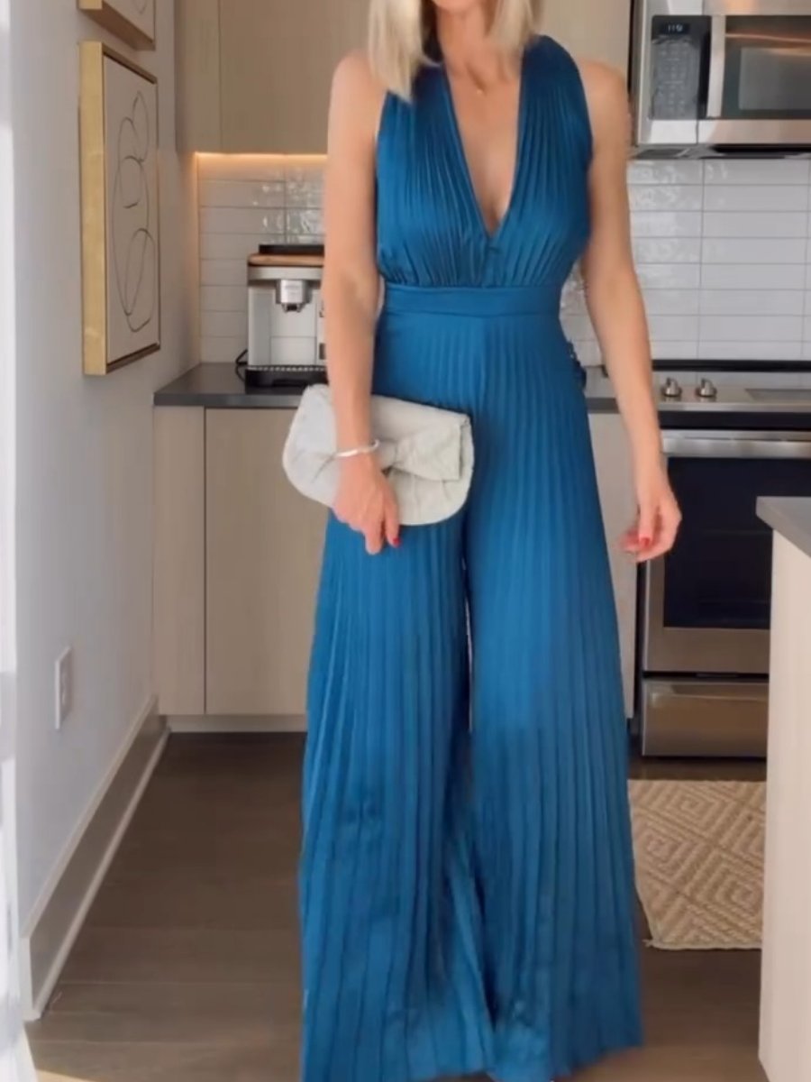 Slim Fit Pleated Wide Leg Skirt Jumpsuit