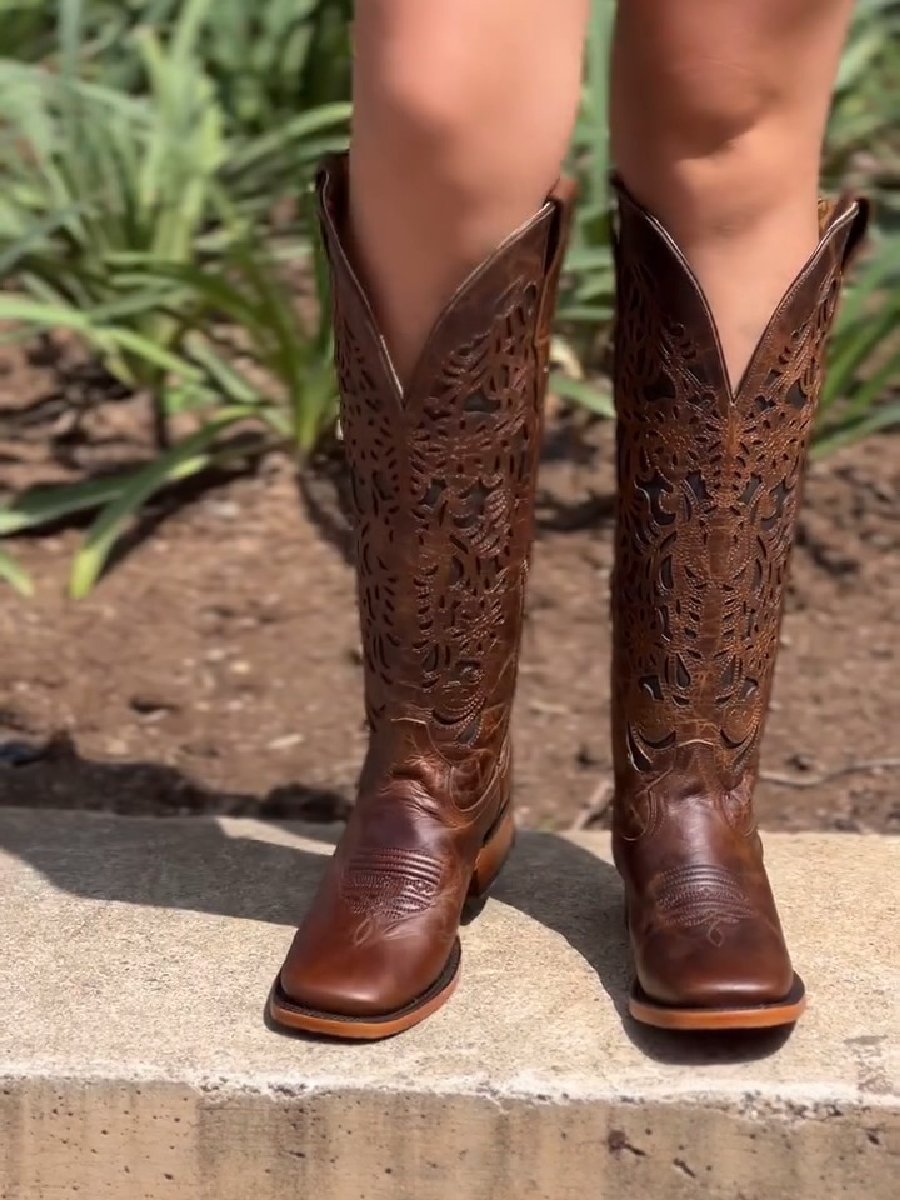 Vintage Brown Embroidered Block Heel High Boots