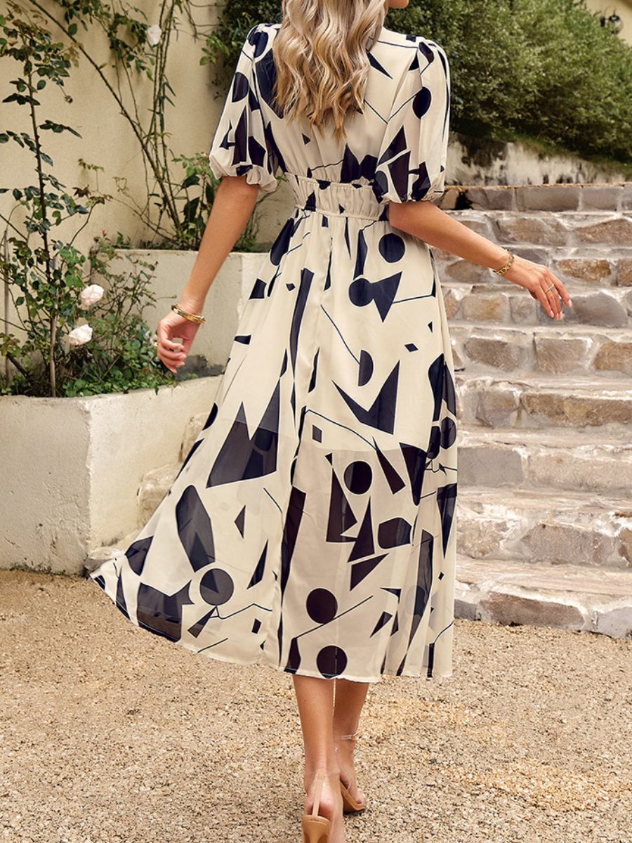 2024 Temperament Waisted V-neck Printed Dress
