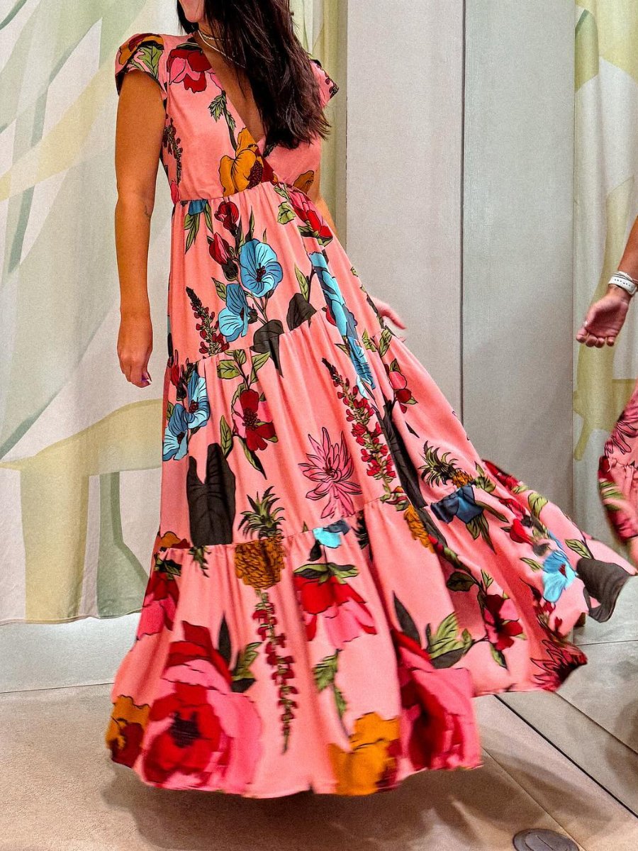 Pink Floral Adjustable Waist Maxi Dress
