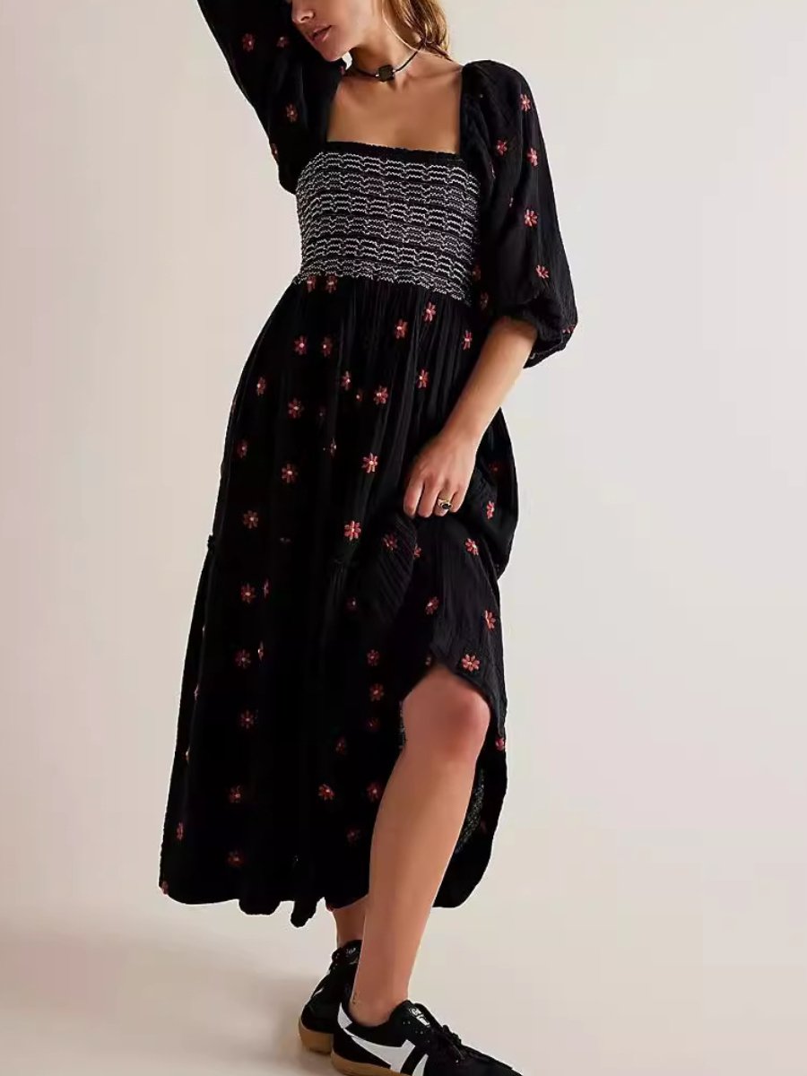 Printed Square Neck Sunflower Dress