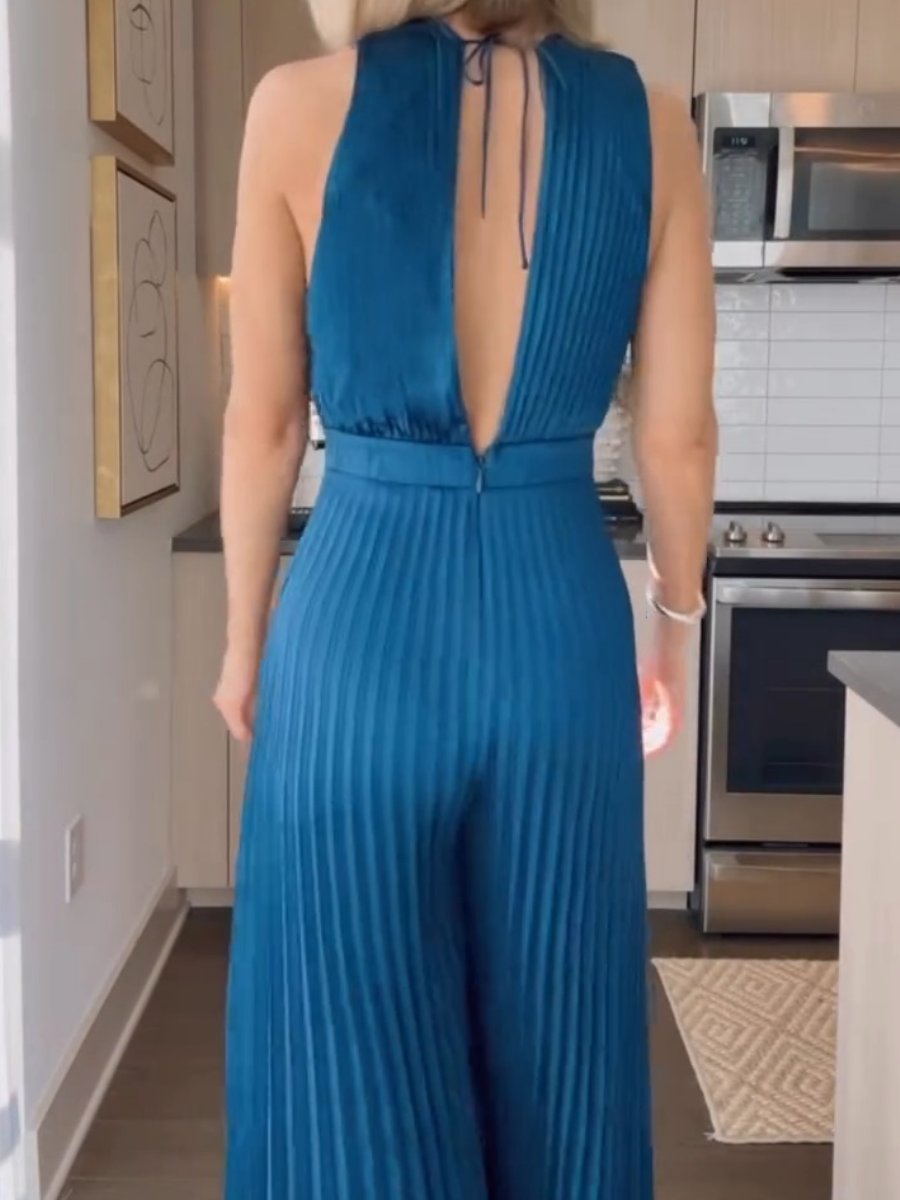 Slim Fit Pleated Wide Leg Skirt Jumpsuit