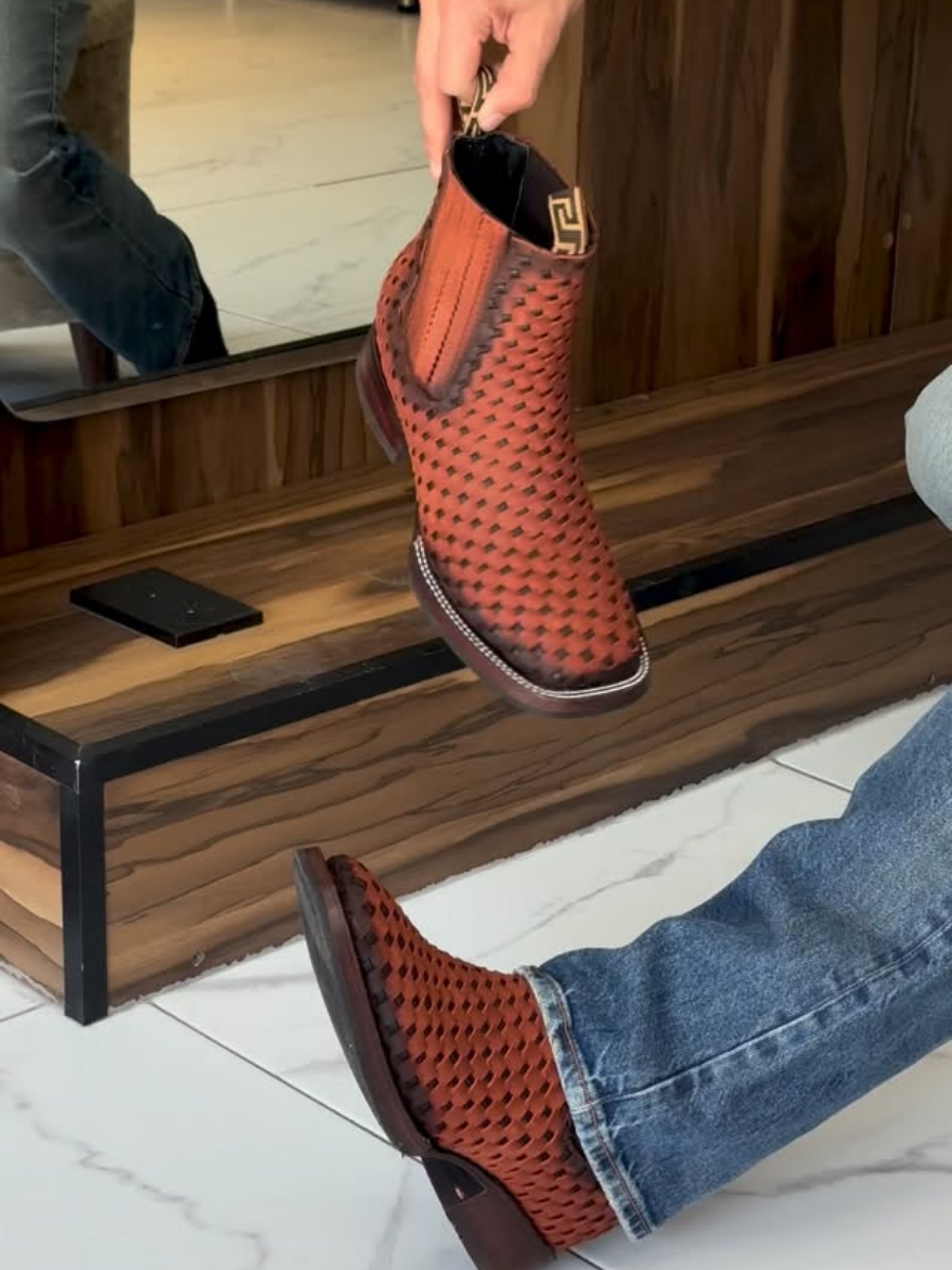 Retro Woven Square-toe Boots