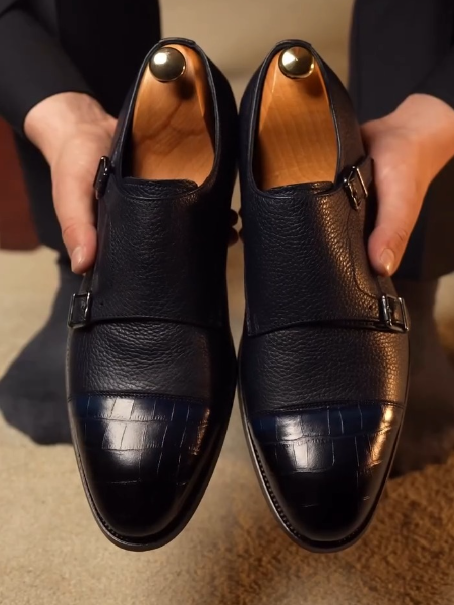 Genuine Leather Buckle Monk Shoes