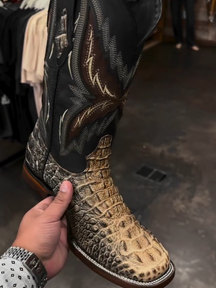 Retro Square Toe Embroidered Mid-tube Slit Casual Versatile Men's Boots