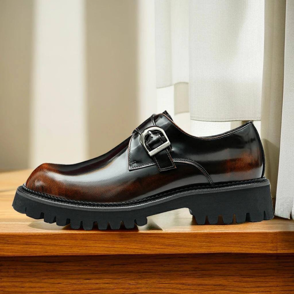 Cowhide Leather Buckle Platform Shoes
