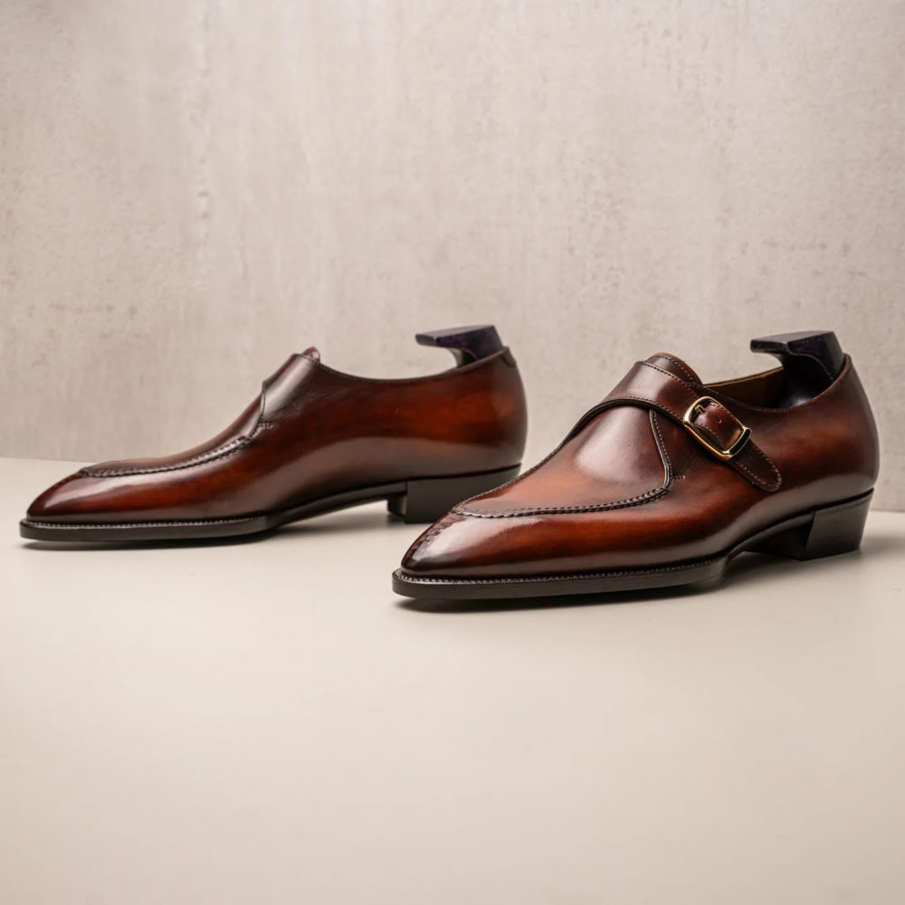 Pointed Leather Buckle Monk Shoes