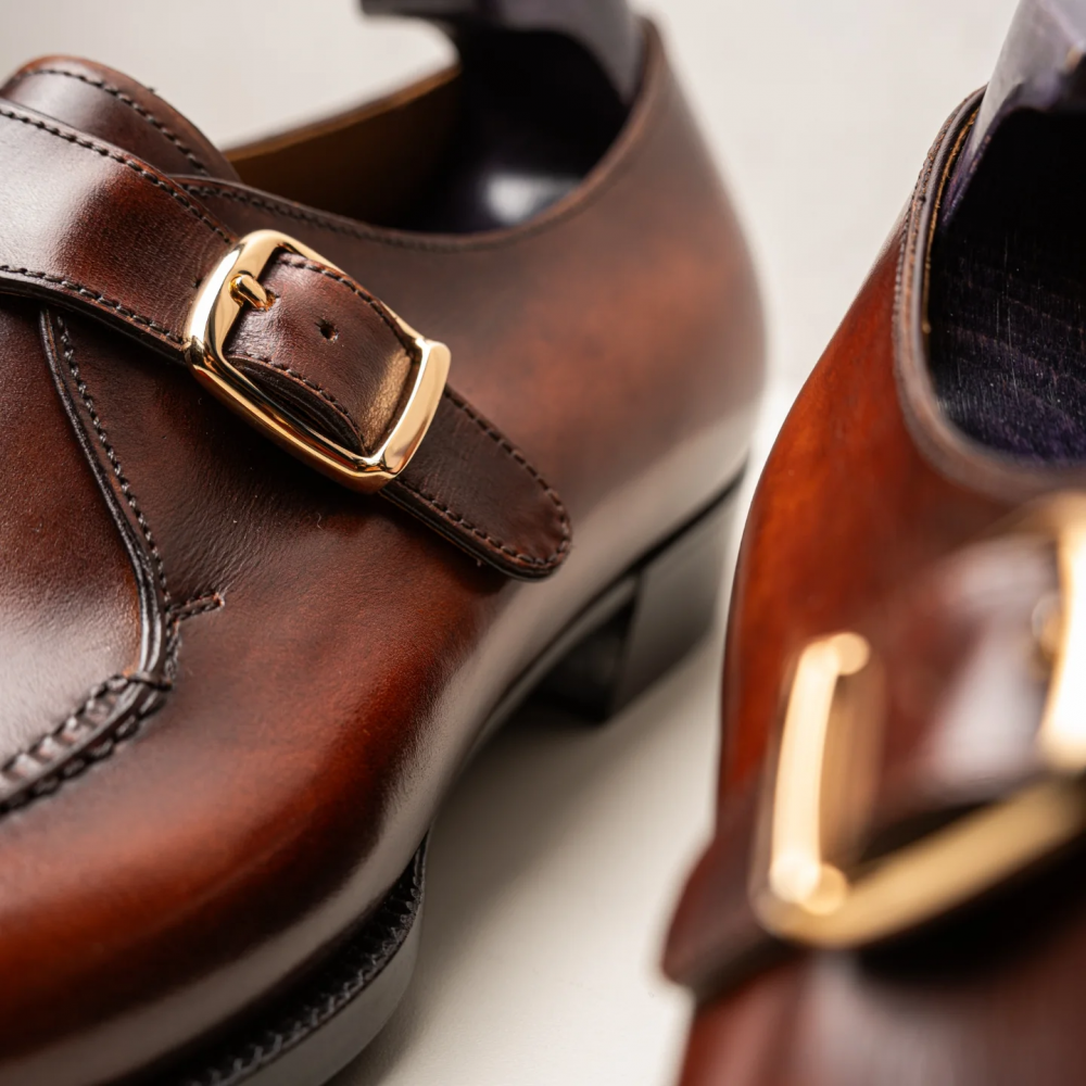 Pointed Leather Buckle Monk Shoes