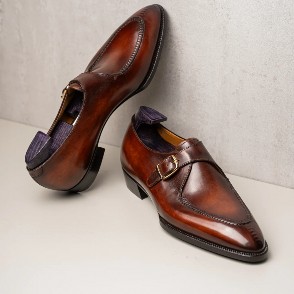 Pointed Leather Buckle Monk Shoes