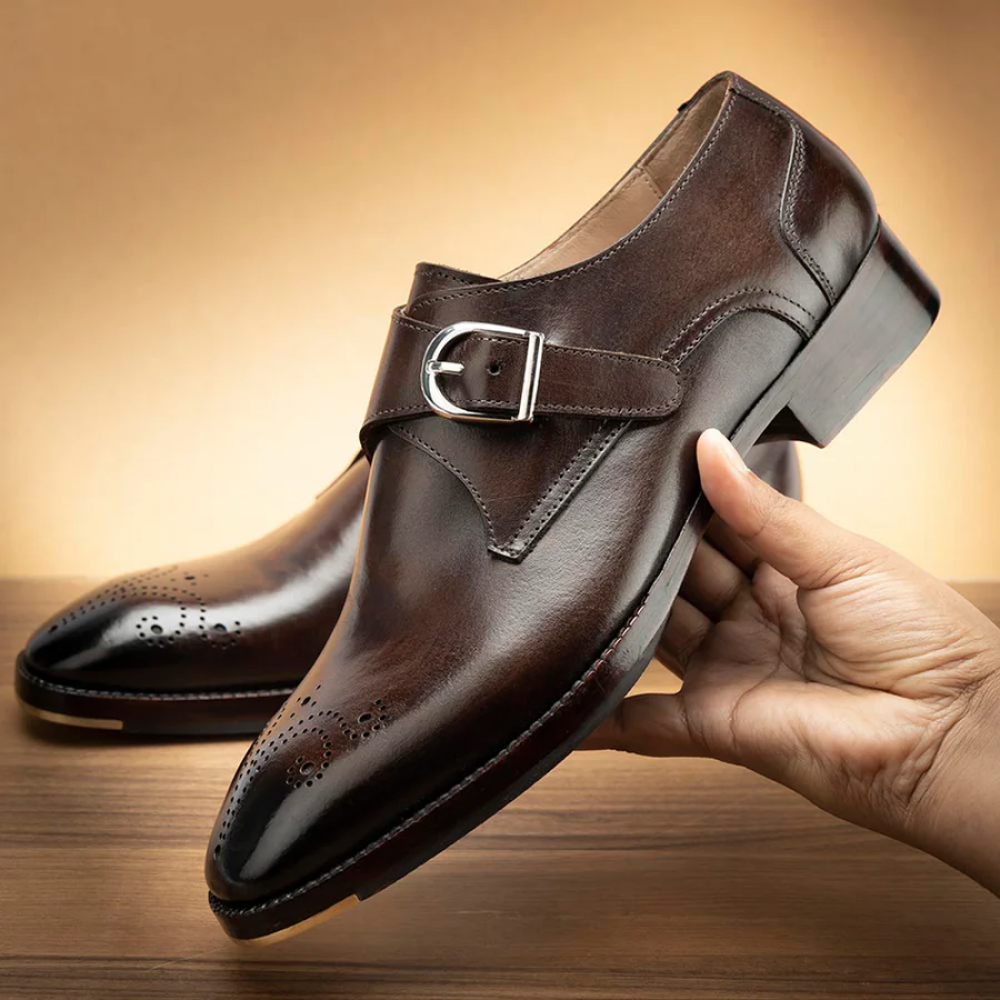 Brown Glossed Square Toe Single Monk Strap
