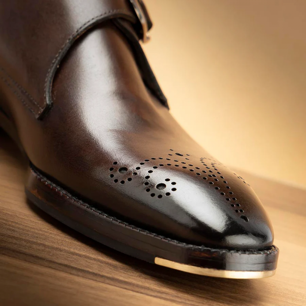 Brown Glossed Square Toe Single Monk Strap