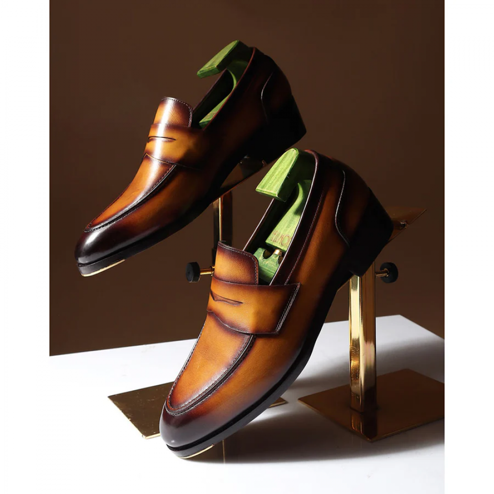 Tan Goodyear Welted Mirror Glossed Patina Modern Penny Loafer