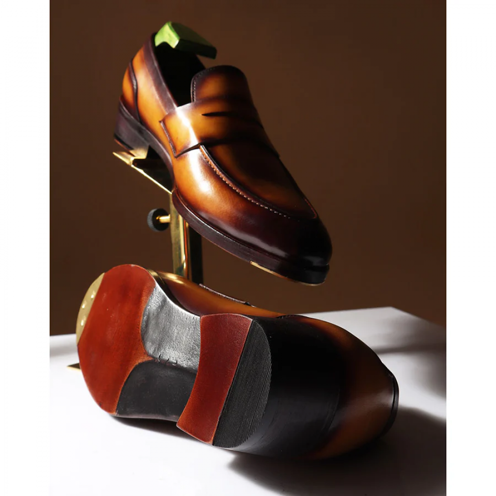 Tan Goodyear Welted Mirror Glossed Patina Modern Penny Loafer