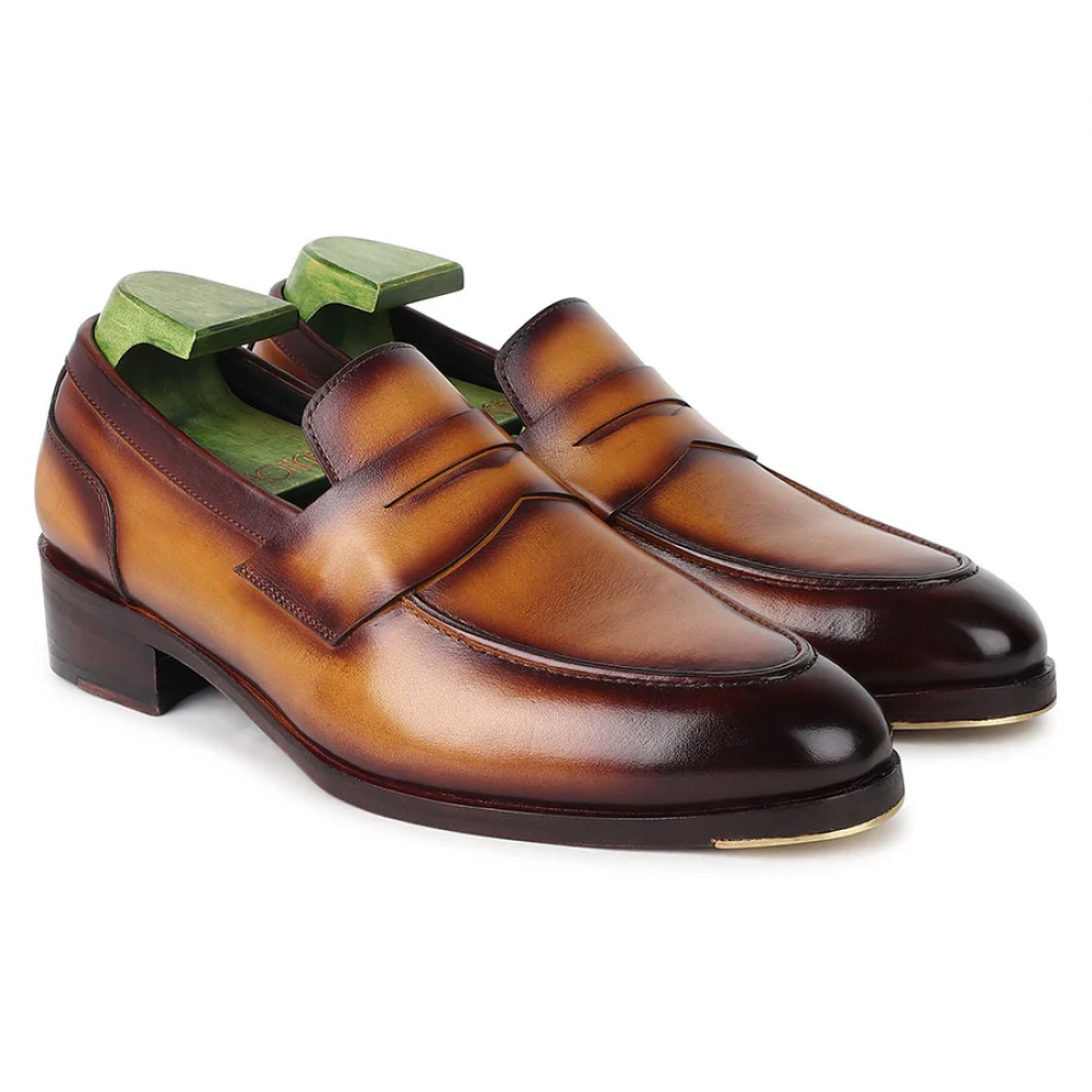 Tan Goodyear Welted Mirror Glossed Patina Modern Penny Loafer