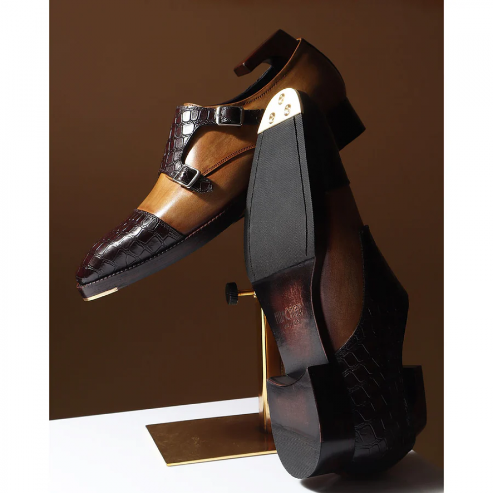 Mirror Glossed Patina Croco Detail Double Monk Strap With Metal Toe