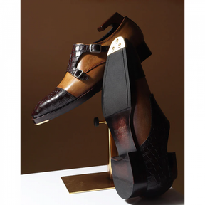 Mirror Glossed Patina Croco Detail Double Monk Strap With Metal Toe