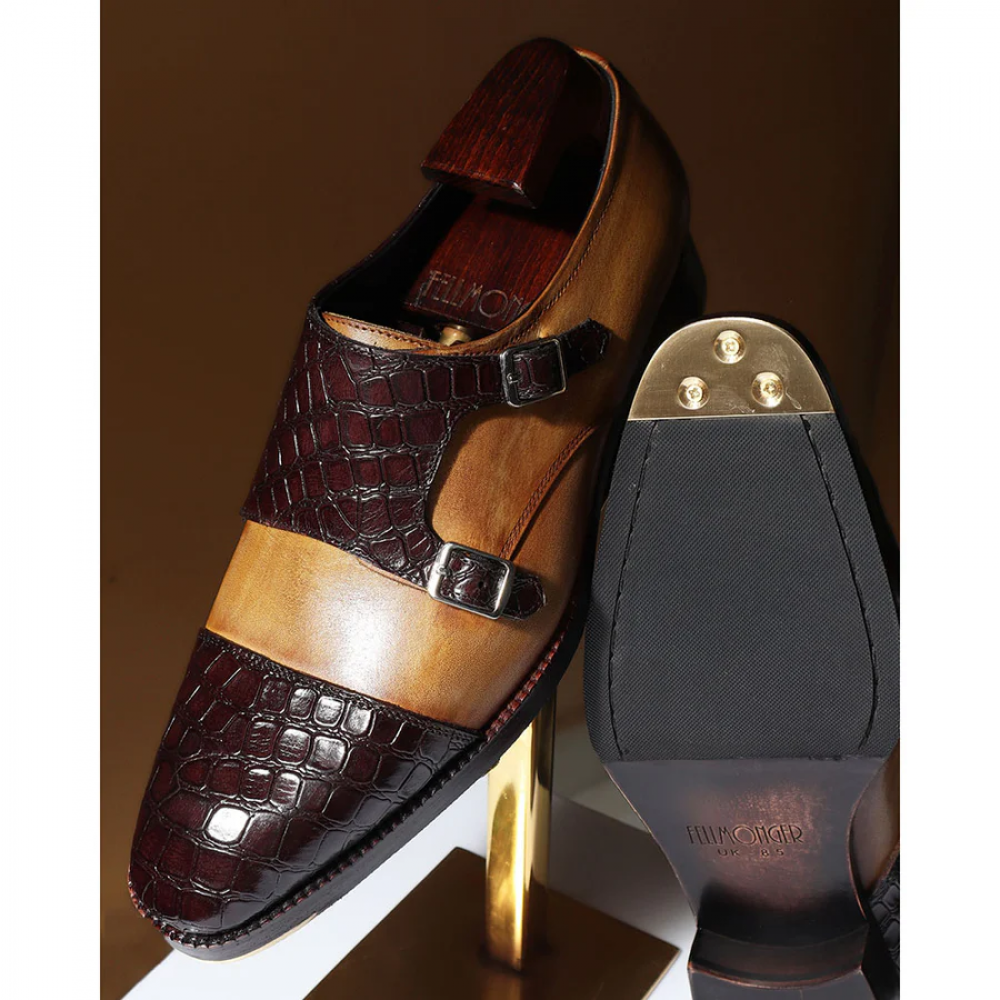 Mirror Glossed Patina Croco Detail Double Monk Strap With Metal Toe