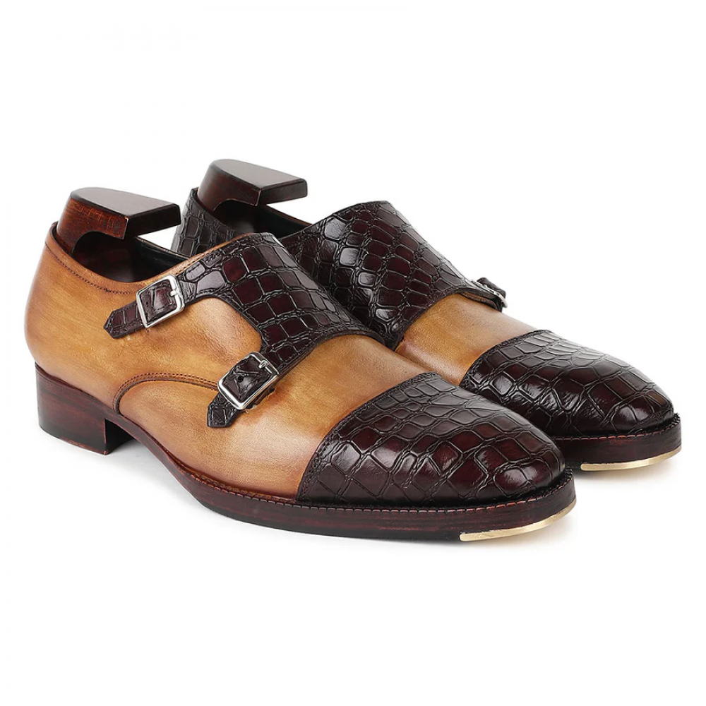 Mirror Glossed Patina Croco Detail Double Monk Strap With Metal Toe