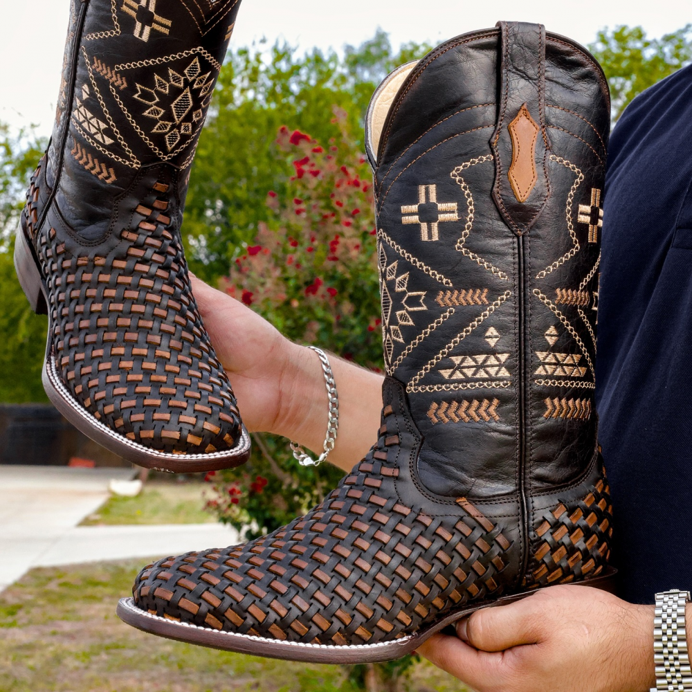 Embroidered Woven Mid-calf Western Cowboy Boots