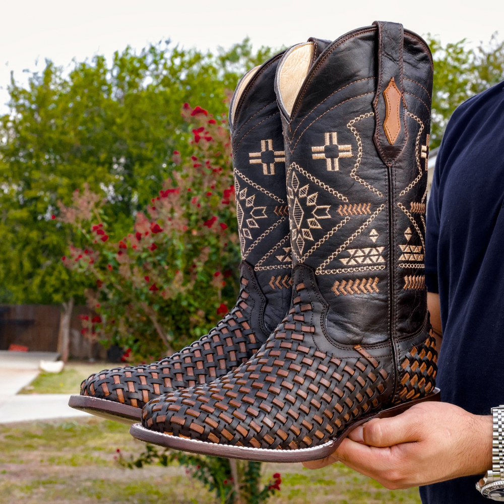 Embroidered Woven Mid-calf Western Cowboy Boots