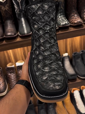 Grey Square Toe Leather Boots