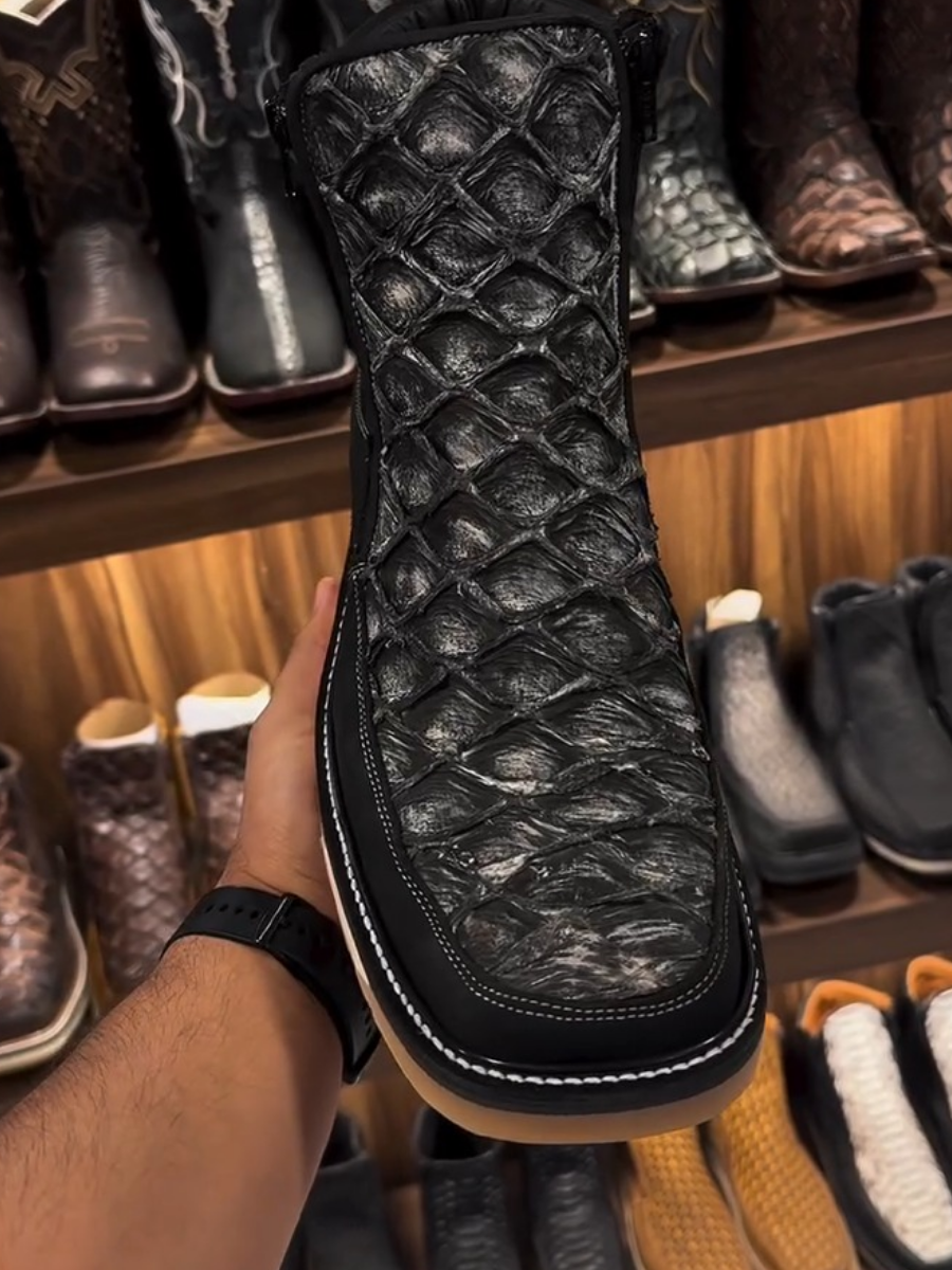 Grey Square Toe Leather Boots