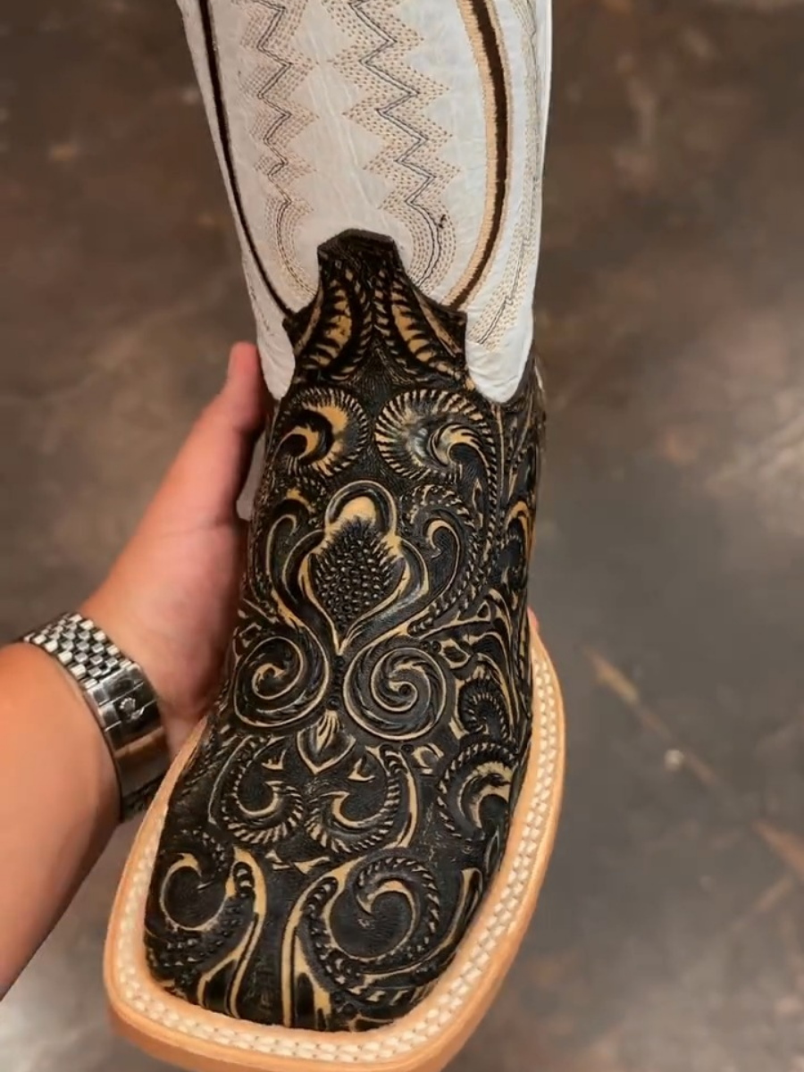 Retro Square Toe Embroidered Mid-tube Slit Casual Versatile Boots