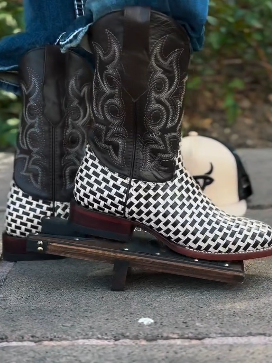 Vintage Embroidered Black and White Woven Boots