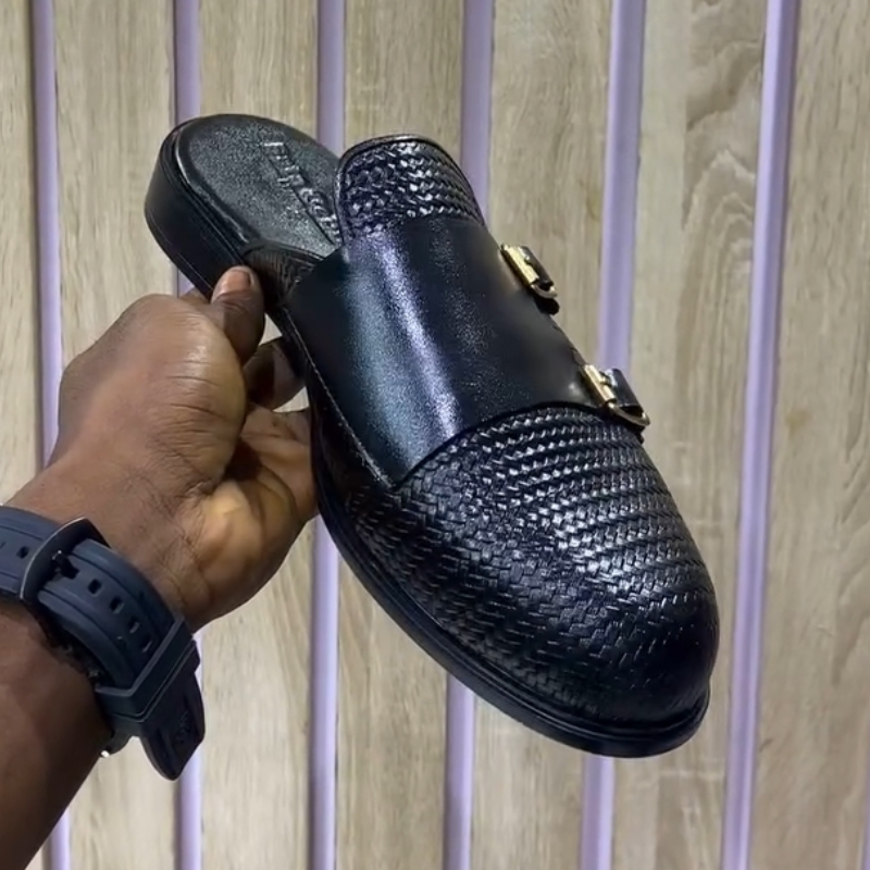 Handmade Men's Black Monk Half Slippers
