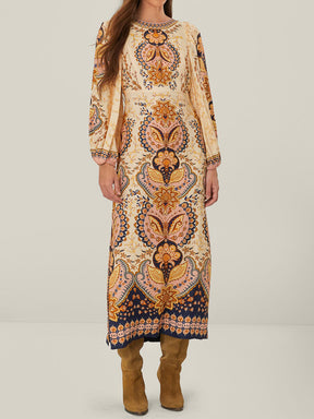 Printed Silt Hem Boho Midi Dress