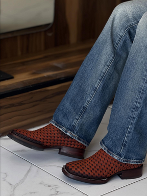 Retro Woven Square-toe Boots