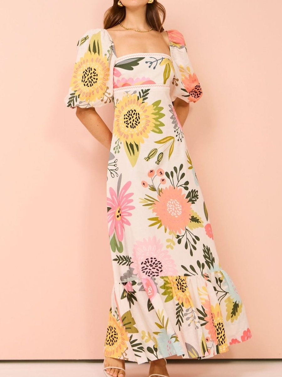 Square Collar Printed Lantern Sleeve Dress